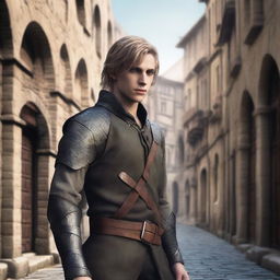 A 25-year-old male half-elf rogue with fair hair and a military bearing, holding two daggers