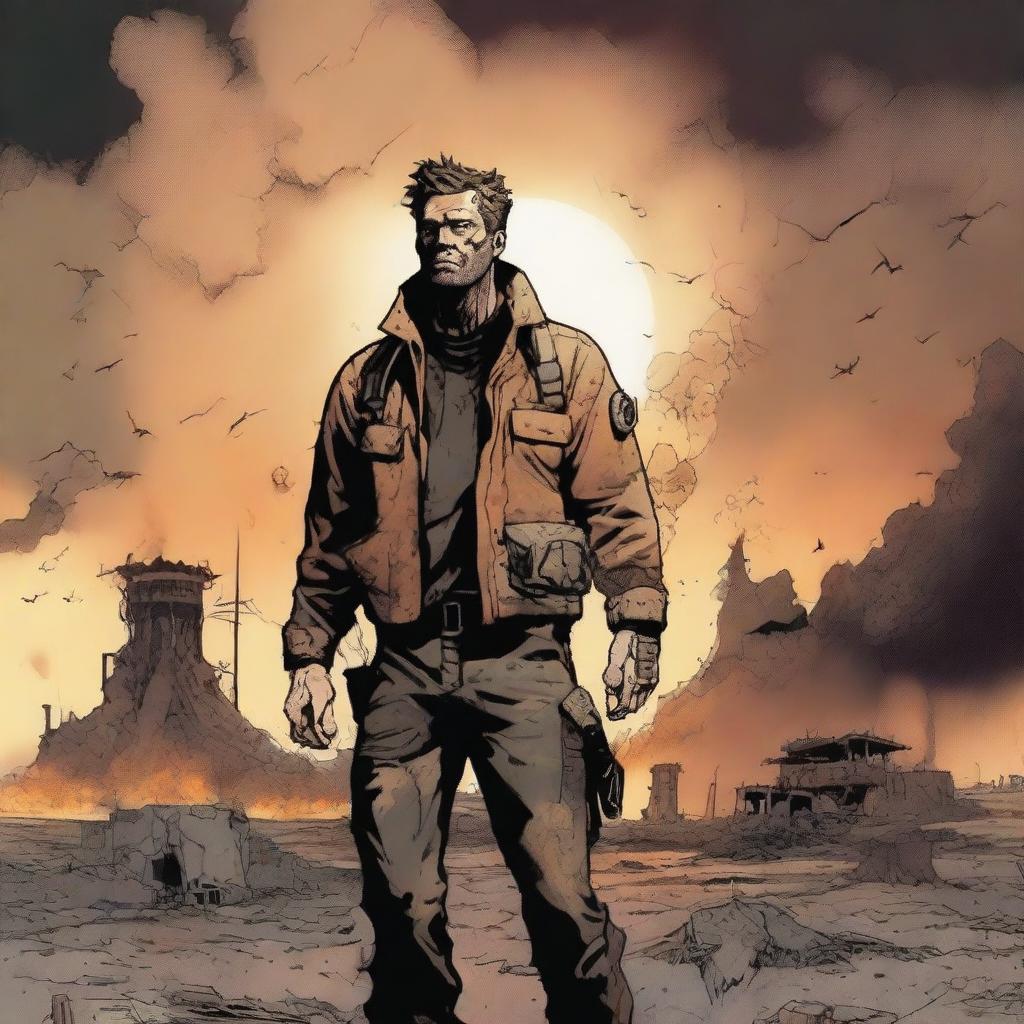 A captivating comic book cover featuring a lone survivor of a nuclear war