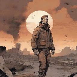 A captivating comic book cover featuring a lone survivor of a nuclear war