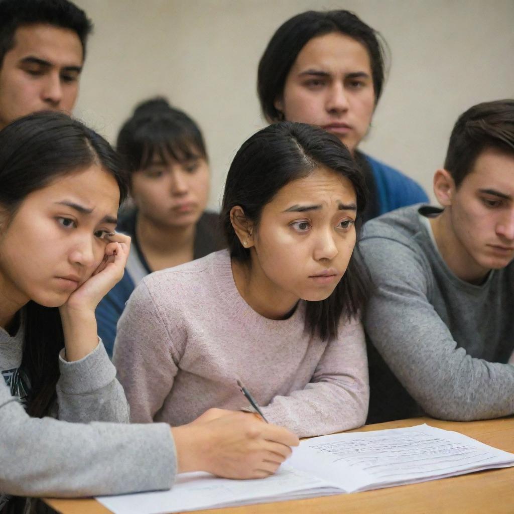 A diverse group of international students looking stressed as they study, their faces showing strains of effort and concentration.