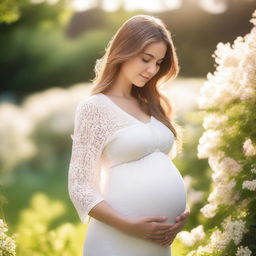 A serene and beautiful image of a pregnant woman standing in a peaceful garden, surrounded by blooming flowers and soft sunlight