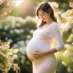 A serene and beautiful image of a pregnant woman standing in a peaceful garden, surrounded by blooming flowers and soft sunlight