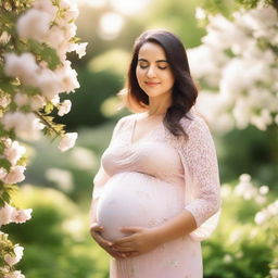 A serene and beautiful image of a pregnant woman standing in a peaceful garden, surrounded by blooming flowers and soft sunlight