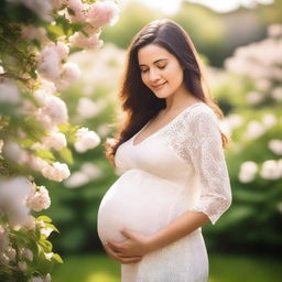 A serene and beautiful image of a pregnant woman standing in a peaceful garden, surrounded by blooming flowers and soft sunlight