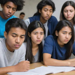 A diverse group of international students looking stressed as they study, their faces showing strains of effort and concentration.