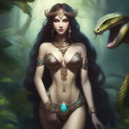 A seductive snake woman with a human upper body and a serpentine lower body