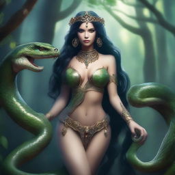 A seductive snake woman with a human upper body and a serpentine lower body