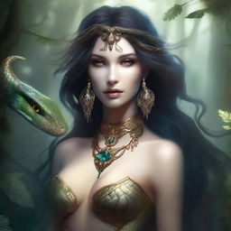 A seductive snake woman with a human upper body and a serpentine lower body