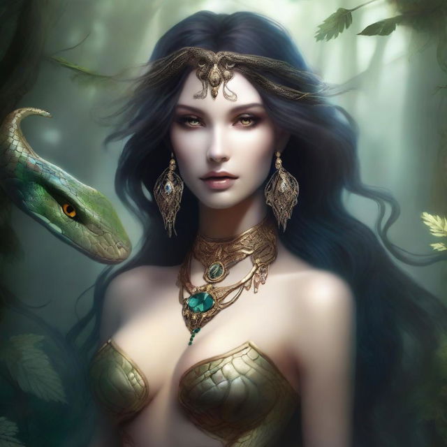 A seductive snake woman with a human upper body and a serpentine lower body