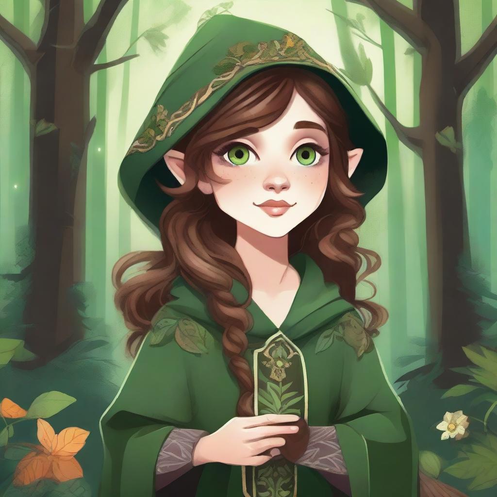 A detailed illustration of a female forest gnome warlock with brown hair and green eyes