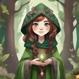 A detailed illustration of a female forest gnome warlock with brown hair and green eyes