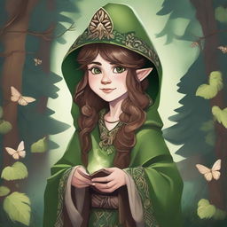 A detailed illustration of a female forest gnome warlock with brown hair and green eyes