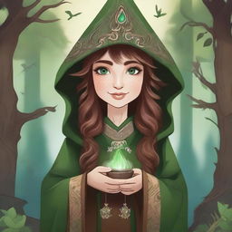 A detailed illustration of a female forest gnome warlock with brown hair and green eyes