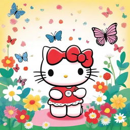 A cute and charming illustration of Hello Kitty, the iconic character with a red bow and no mouth, standing in a colorful and cheerful environment with flowers and butterflies