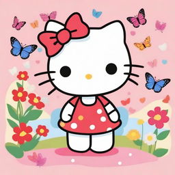 A cute and charming illustration of Hello Kitty, the iconic character with a red bow and no mouth, standing in a colorful and cheerful environment with flowers and butterflies