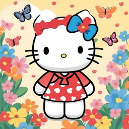 A cute and charming illustration of Hello Kitty, the iconic character with a red bow and no mouth, standing in a colorful and cheerful environment with flowers and butterflies