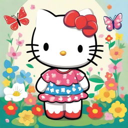 A cute and charming illustration of Hello Kitty, the iconic character with a red bow and no mouth, standing in a colorful and cheerful environment with flowers and butterflies