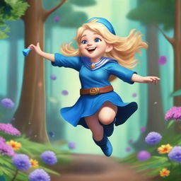 A blonde-haired gnome sorceress wearing blue armor, happily jumping in a forest