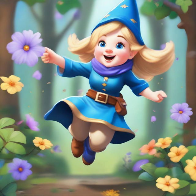 A blonde-haired gnome sorceress wearing blue armor, happily jumping in a forest