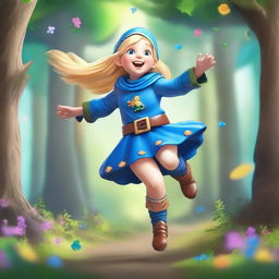 A blonde-haired gnome sorceress wearing blue armor, happily jumping in a forest