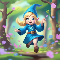 A blonde-haired gnome sorceress wearing blue armor, happily jumping in a forest