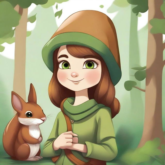 A detailed illustration of a female forest gnome with brown hair and green eyes