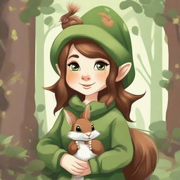 A detailed illustration of a female forest gnome with brown hair and green eyes