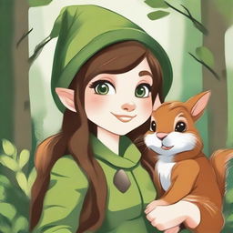 A detailed illustration of a female forest gnome with brown hair and green eyes