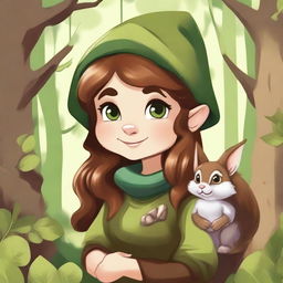 A detailed illustration of a female forest gnome with brown hair and green eyes