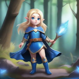 A blonde-haired gnome sorceress wearing blue armor, standing in a mystical forest with magical energy swirling around her