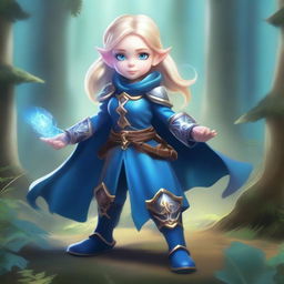 A blonde-haired gnome sorceress wearing blue armor, standing in a mystical forest with magical energy swirling around her