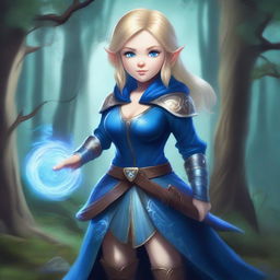 A blonde-haired gnome sorceress wearing blue armor, standing in a mystical forest with magical energy swirling around her