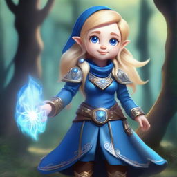 A blonde-haired gnome sorceress wearing blue armor, standing in a mystical forest with magical energy swirling around her