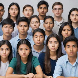 An array of international students from various ethnicities, engrossed in a challenging task with expressions of confusion and concentration.