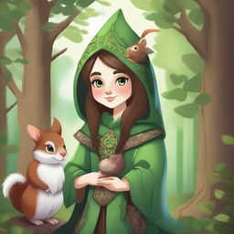 A detailed illustration of a female forest gnome warlock with brown hair and green eyes