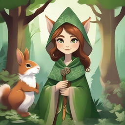 A detailed illustration of a female forest gnome warlock with brown hair and green eyes