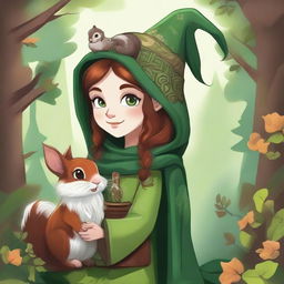 A detailed illustration of a female forest gnome warlock with brown hair and green eyes