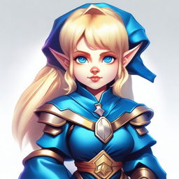 A blonde-haired gnome sorceress wearing blue armor, depicted in a 90s style