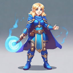 A blonde-haired gnome sorceress wearing blue armor, depicted in a 90s style