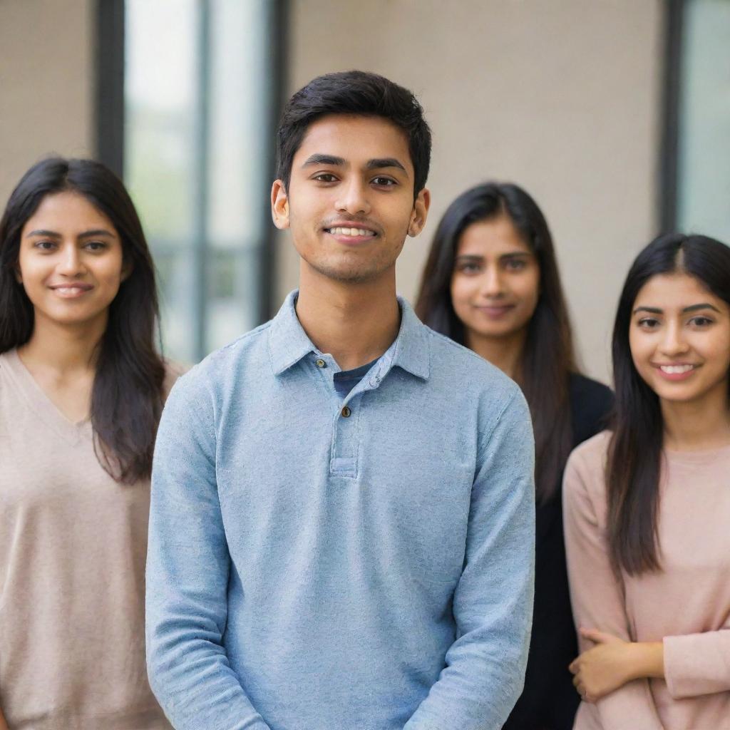 A multicultural group of international students standing at ease, including a student from India, presenting a neutral expression without smiling.