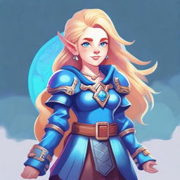 A blonde-haired gnome sorceress wearing blue armor, depicted in a 90s style