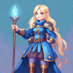 A blonde-haired gnome sorceress wearing blue armor, depicted in a 90s style