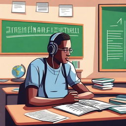 A high-quality digital art of an adult student attentively listening in a classroom