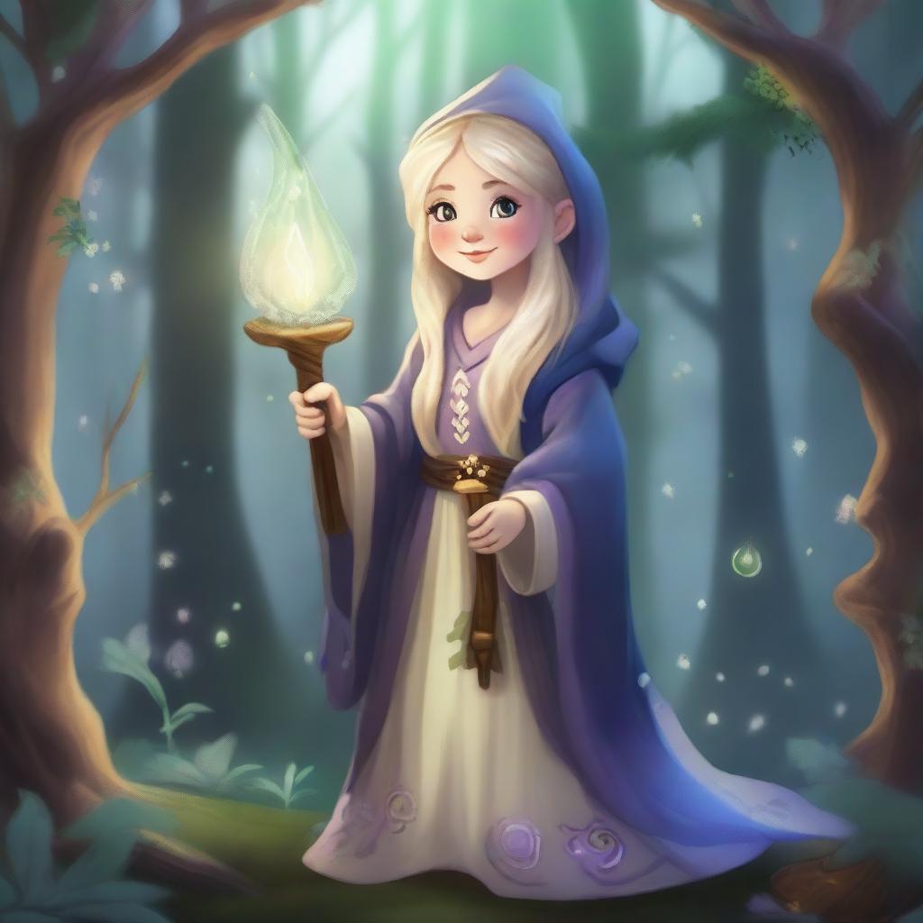 A blonde-haired gnome sorceress standing in a mystical forest