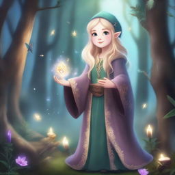 A blonde-haired gnome sorceress standing in a mystical forest