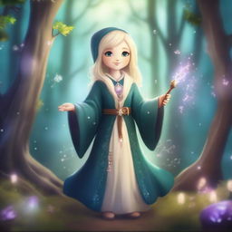 A blonde-haired gnome sorceress standing in a mystical forest