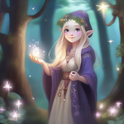 A blonde-haired gnome sorceress standing in a mystical forest