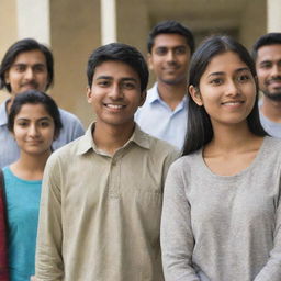 A multicultural group of international students standing at ease, including a student from India, presenting a neutral expression without smiling.