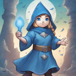 A comic book cover featuring a gnome sorceress wearing blue armor