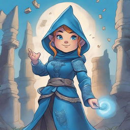 A comic book cover featuring a gnome sorceress wearing blue armor